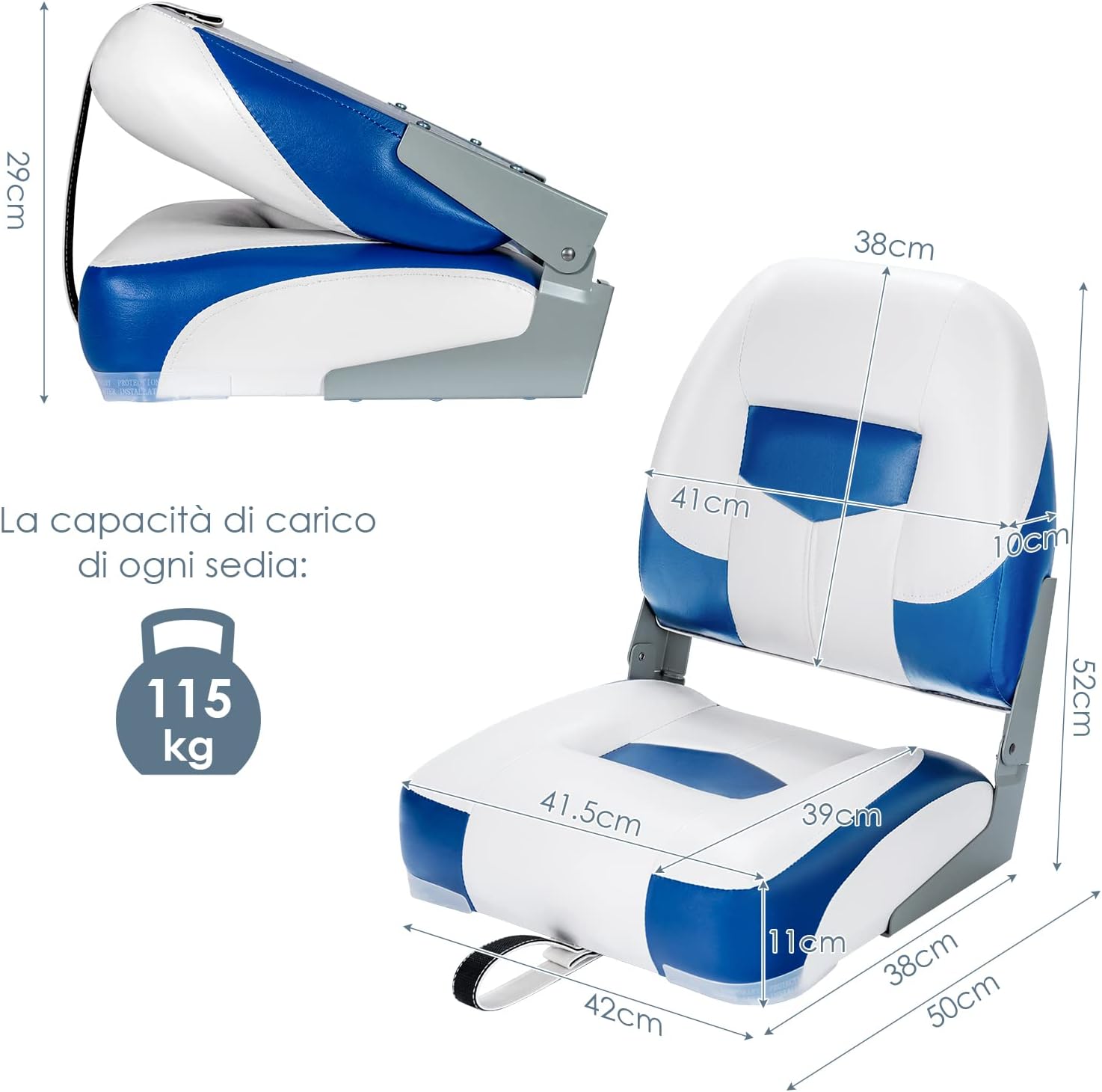 Sedie per Barca, Con Schienale Basso, Sedile del timoniere con Cinghia di Fissaggio Lunga e Viti in Acciaio Inox, Con Schiuma Spessa e Cerniere Metalliche Durevoli, Blu e Bianco