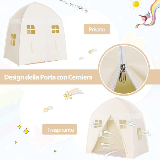 Tenda da Gioco per Bambini, Tenda per Cameretta con Borsa, Tappetino Antiscivolo, Design con Chiusura Lampo, Finestre Traspiranti, Ideale per Bambini e Bambine +3 Anni, Beige