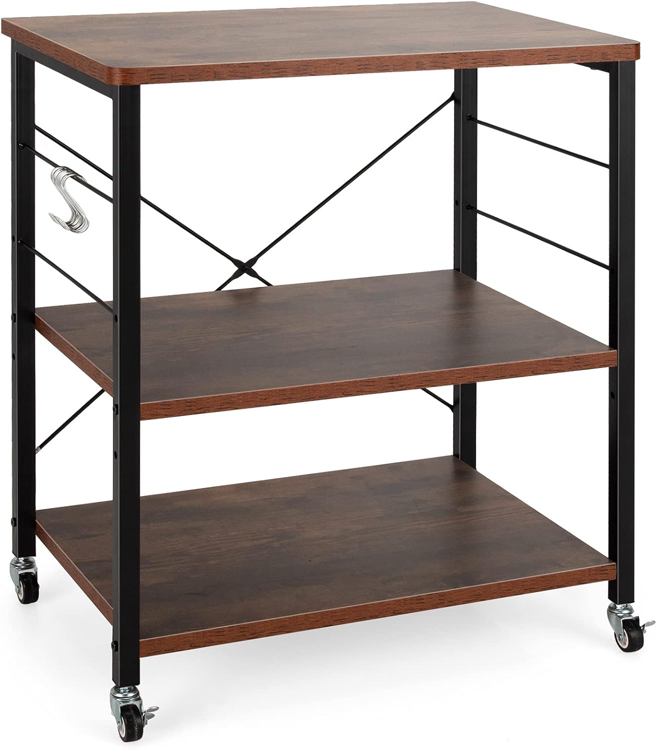 Carrello da Cucina con 10 Ganci Rimovibili, Scaffale per Pasticceria con 3 Livelli, Scaffale con Struttura di Metallo con Ruote Bloccabili per Bar Ristorante Hotel, 60 x 40 x 73,5 cm (Marrone)