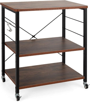 Carrello da Cucina con 10 Ganci Rimovibili, Scaffale per Pasticceria con 3 Livelli, Scaffale con Struttura di Metallo con Ruote Bloccabili per Bar Ristorante Hotel, 60 x 40 x 73,5 cm (Marrone)