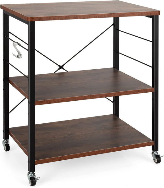 Carrello da Cucina con 10 Ganci Rimovibili, Scaffale per Pasticceria con 3 Livelli, Scaffale con Struttura di Metallo con Ruote Bloccabili per Bar Ristorante Hotel, 60 x 40 x 73,5 cm (Marrone)
