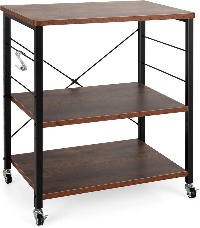 Carrello da Cucina con 10 Ganci Rimovibili, Scaffale per Pasticceria con 3 Livelli, Scaffale con Struttura di Metallo con Ruote Bloccabili per Bar Ristorante Hotel, 60 x 40 x 73,5 cm (Marrone)