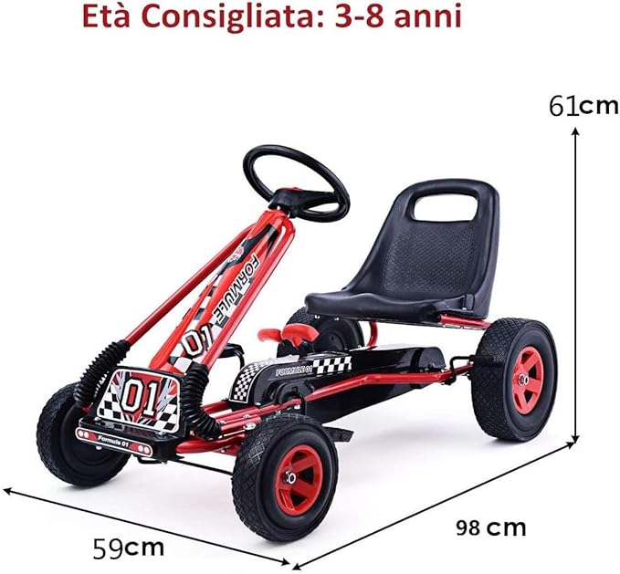 Go Kart a Pedali per Bambini, con Sedile Regolabile e Freno a Mano, Go Kart Veicolo per Bambini 3-8 Anni, Portata Massima 30 kg (rosso)