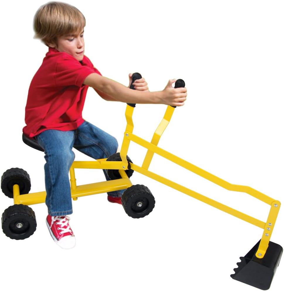 Ruspa Giocattolo Cavalcabile per Bambini, Escavatore di Sabbia Metallico per Bambini con Ruote, Rotazione di 360°, Carico 50 kg, 56x35x81 cm, Giallo (Stile 2)