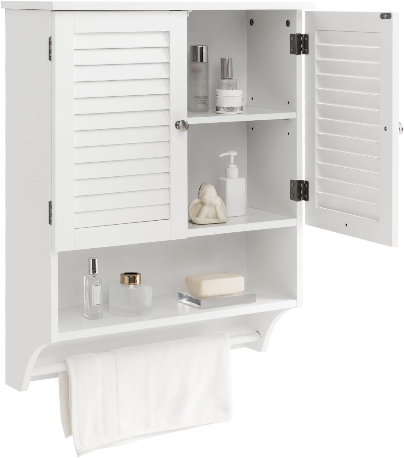 Armadietto da Bagno Sospeso, Armadietto da Parete con 2 Ante, con Ripiano Regolabile in 3 Posizioni e Barra Porta Asciugamani, 60x22x75 cm (Bianco)