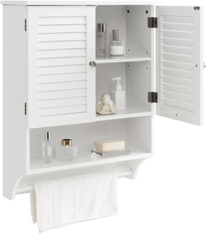 Armadietto da Bagno Sospeso, Armadietto da Parete con 2 Ante, con Ripiano Regolabile in 3 Posizioni e Barra Porta Asciugamani, 60x22x75 cm (Bianco)