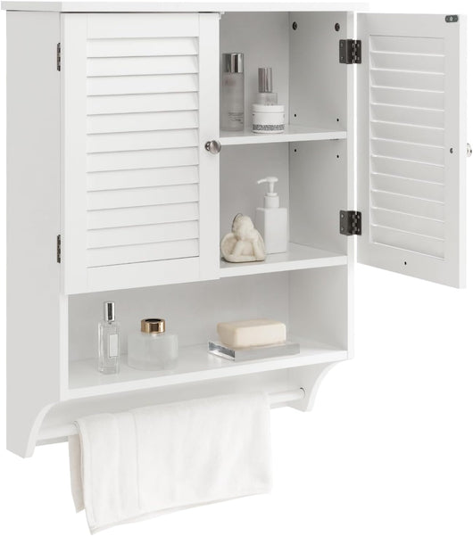 Armadietto da Bagno Sospeso, Armadietto da Parete con 2 Ante, con Ripiano Regolabile in 3 Posizioni e Barra Porta Asciugamani, 60x22x75 cm (Bianco)