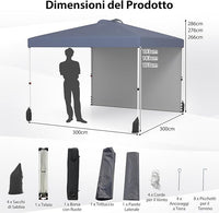 Gazebo Pieghevole 3 x 3 m, Gazebo da Esterno con Borsa con Ruote, Picchetti, Ancoraggi, Corde del Vento, Sacchi di Sabbia e Copertura Ventilata, Tendone Impermeabile per Feste (Grigio)