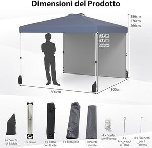 Gazebo Pieghevole 3 x 3 m, Gazebo da Esterno con Borsa con Ruote, Picchetti, Ancoraggi, Corde del Vento, Sacchi di Sabbia e Copertura Ventilata, Tendone Impermeabile per Feste (Grigio)