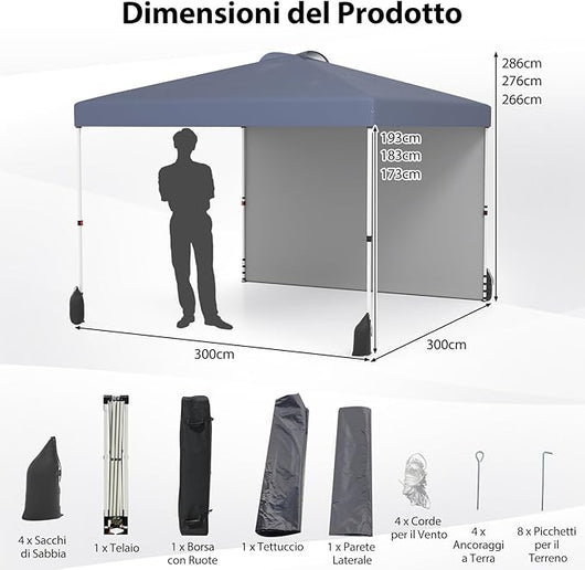 Gazebo Pieghevole 3 x 3 m, Gazebo da Esterno con Borsa con Ruote, Picchetti, Ancoraggi, Corde del Vento, Sacchi di Sabbia e Copertura Ventilata, Tendone Impermeabile per Feste (Grigio)