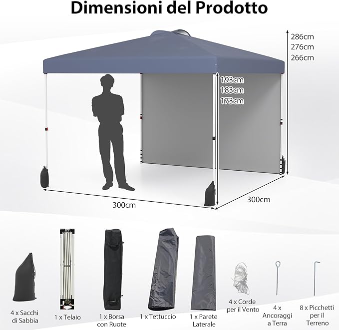 Gazebo Pieghevole 3 x 3 m, Gazebo da Esterno con Borsa con Ruote, Picchetti, Ancoraggi, Corde del Vento, Sacchi di Sabbia e Copertura Ventilata, Tendone Impermeabile per Feste (Grigio)
