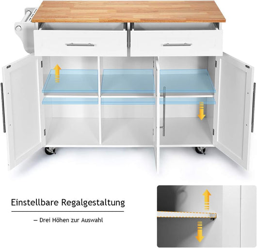 Carrello da Cucina, Carrello di Servizio con Ruote e Maniglia, 3 Ante e 2 Cassetti, Ideale per Cucina Ristorante Bar, 122x46x92,3 cm, Bianco