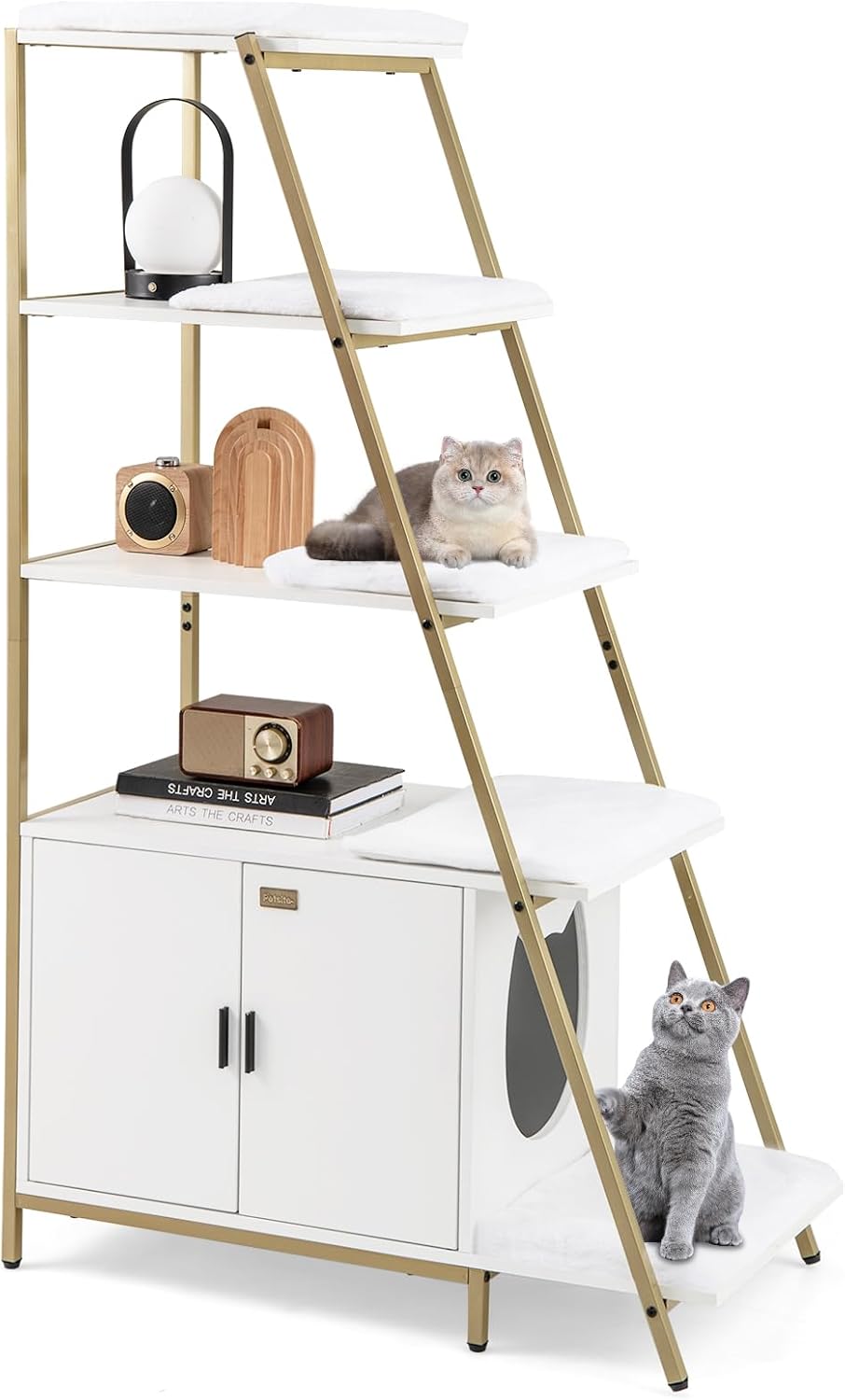 Lettiera per Gatti Salvaspazio, Mobile Nascosto 2 in 1 per Animali Domestici con Scaffale, Tappetini Rimovibili e Entrata a Forma di Testa di Gatto, Armadietto per Gatti per Salotto (Bianco)