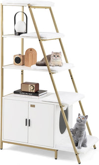 Lettiera per Gatti Salvaspazio, Mobile Nascosto 2 in 1 per Animali Domestici con Scaffale, Tappetini Rimovibili e Entrata a Forma di Testa di Gatto, Armadietto per Gatti per Salotto (Bianco)