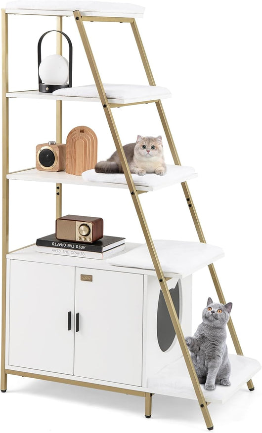 Lettiera per Gatti Salvaspazio, Mobile Nascosto 2 in 1 per Animali Domestici con Scaffale, Tappetini Rimovibili e Entrata a Forma di Testa di Gatto, Armadietto per Gatti per Salotto (Bianco)