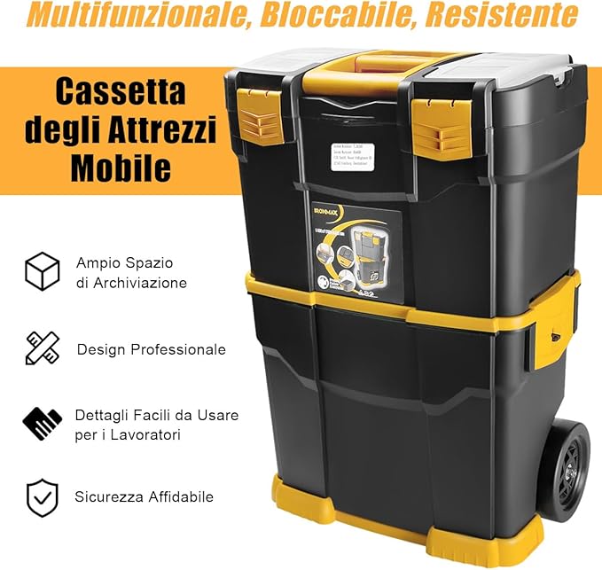 Trolley per Attrezzi 3 in 1, Portautensili a 3 Parti in PP con Ruote e Maniglia, Soluzione Portatile per Attrezzi da Officina e Garage, 46 x 28 x 66,5 cm, Nero e Giallo