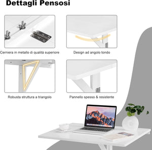 Tavolo Pieghevole a Muro, Tavolino Porta PC da Parete in Legno, Tavolo a Scomparsa Multifunzionale, Ideale per Soggiorno, Cucina e Studio, 80 x 60 x 45 cm (Bianco)