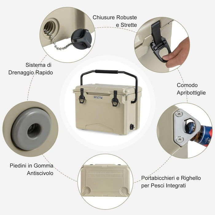 Frigorifero Portatile da 21 Litri, Frigorifero da Campeggio con Portabicchieri Integrati, Regolo e Apribottiglie, Freddo Fino 5-7 Giorni, per Barbecue, Campeggio, Picnic, Pesca