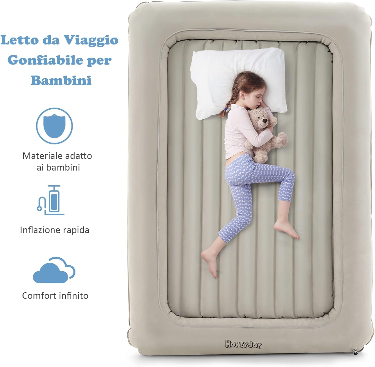 Letto Gonfiabile per Bambini in Viaggio, Set di Materasso Ad Aria Portatile con Pompa Elettrica, Letto Gonfiabile con Barriere Laterali Alte, 165x118x20 cm, Carico150 kg (Grigio)