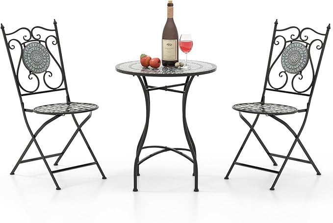 Set da Giardino 3 Pezzi,Set da Pranzo in Metallo Robusto a Mosaico, con 2 Sedie Pieghevoli, Set Tavolo e Sedie per Interno ed Esterno (Nero+Grigio)