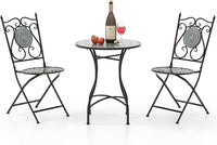 Set da Giardino 3 Pezzi,Set da Pranzo in Metallo Robusto a Mosaico, con 2 Sedie Pieghevoli, Set Tavolo e Sedie per Interno ed Esterno (Nero+Grigio)
