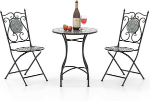 Set da Giardino 3 Pezzi,Set da Pranzo in Metallo Robusto a Mosaico, con 2 Sedie Pieghevoli, Set Tavolo e Sedie per Interno ed Esterno (Nero+Grigio)