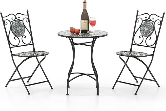 Set da Giardino 3 Pezzi,Set da Pranzo in Metallo Robusto a Mosaico, con 2 Sedie Pieghevoli, Set Tavolo e Sedie per Interno ed Esterno (Nero+Grigio)