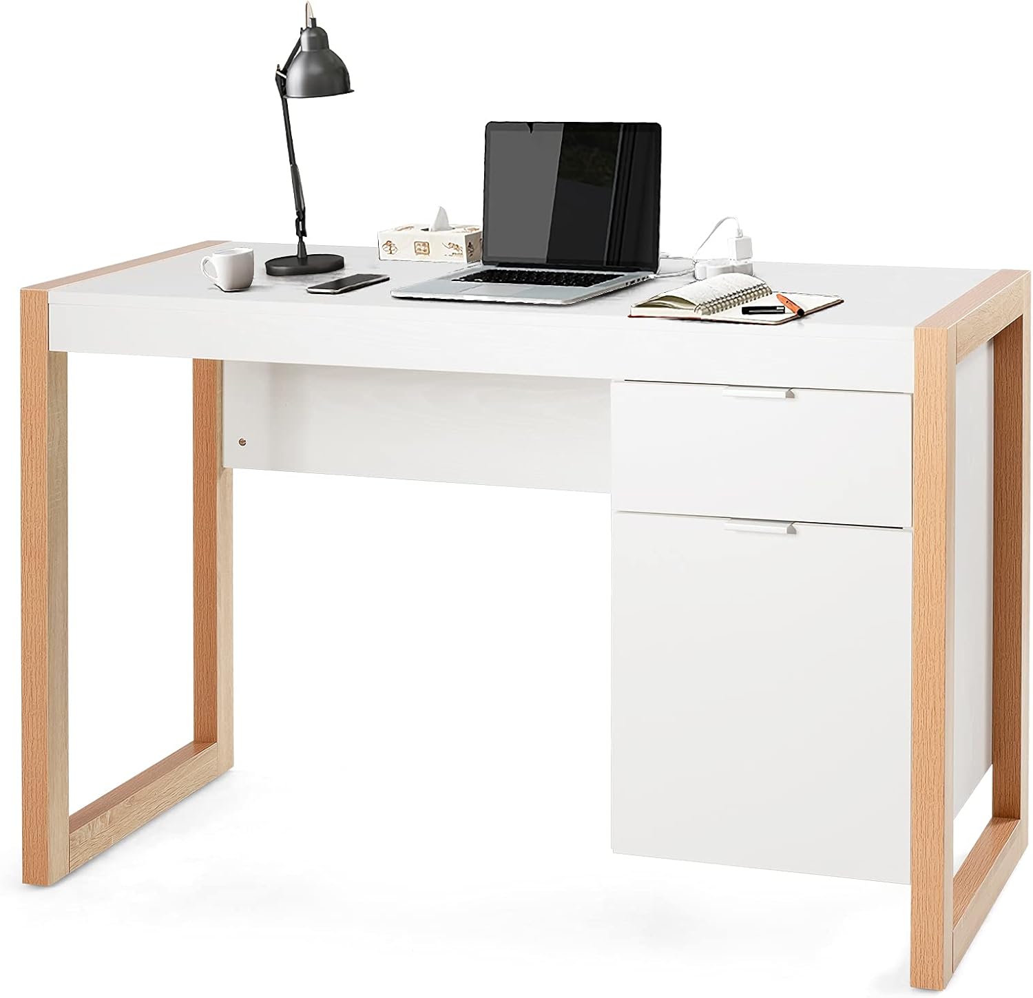 Scrivania Moderna per Computer, Postazione di Lavoro con Armadietto e Cassetto, Design Semplice ed Elegante, Scrivania con Superficie Liscia, Ideale per Casa e Ufficio