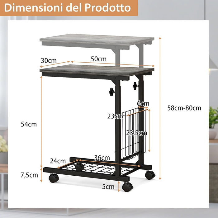 Tavolino da Salotto Moderno, Tavolino Basso Regolabile in Altezza con Ruote e Cestino Portaoggetti, Tavolino Porta PC a Forma di C da Divano e Letto per Soggiorno e Camera da Letto (Grigio)