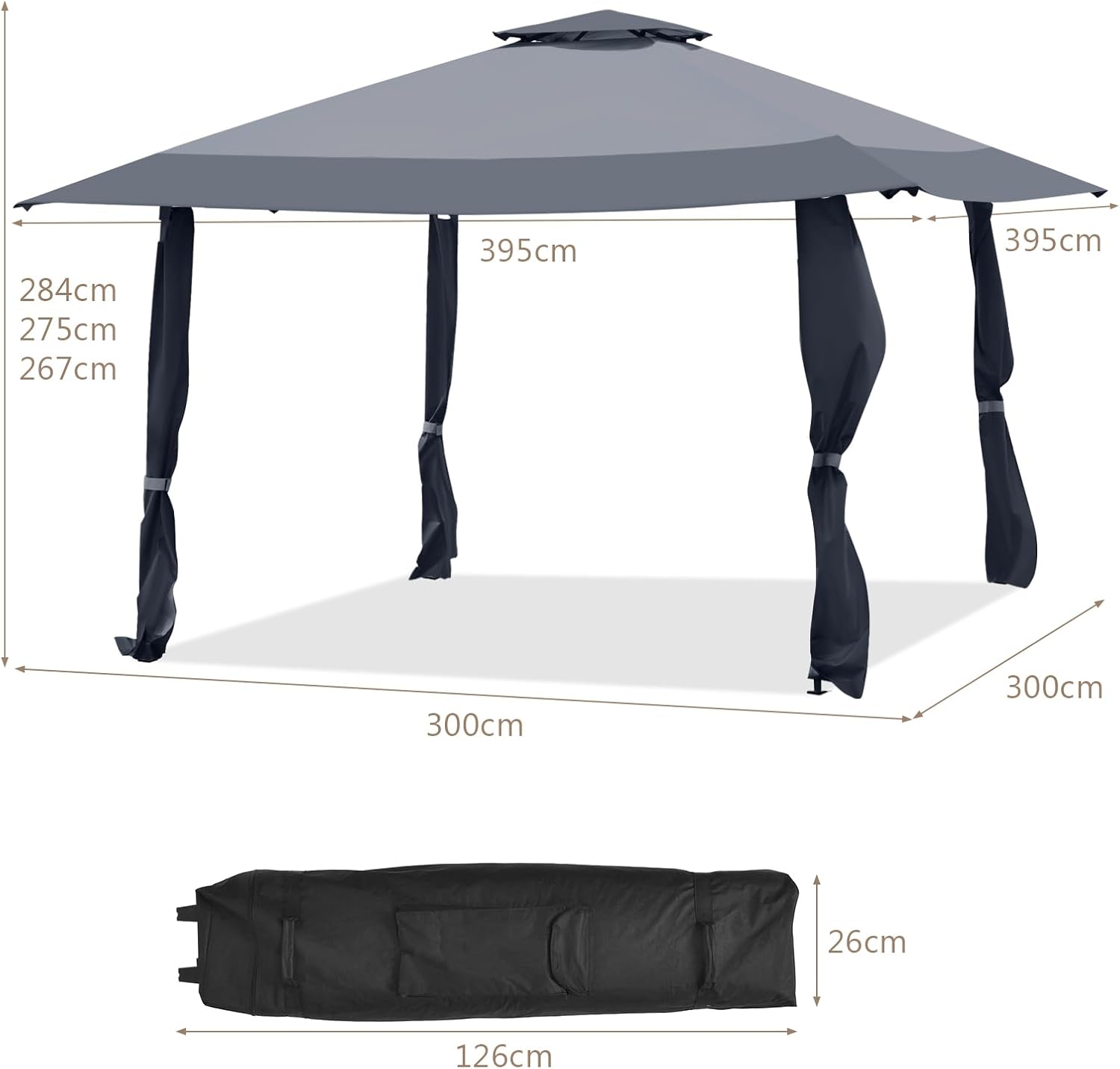 Gazebo da Giardino 3,95 x 3,95 M, Gazebo da Esterno con Tetto a 2 Livelli e 3 Altezze Regolabili, con Borsa,Tessuto Oxford, Ideale per Feste, Barbecue, Giardino, Spiaggia (Grigio)