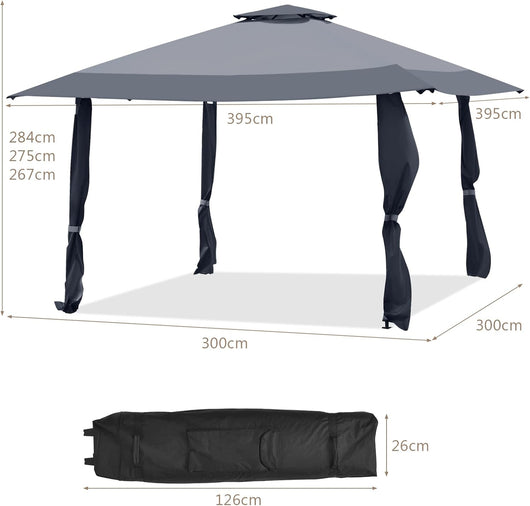 Gazebo da Giardino 3,95 x 3,95 M, Gazebo da Esterno con Tetto a 2 Livelli e 3 Altezze Regolabili, con Borsa,Tessuto Oxford, Ideale per Feste, Barbecue, Giardino, Spiaggia (Grigio)