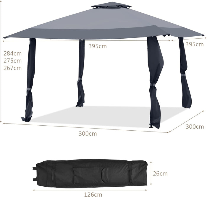 Gazebo da Giardino 3,95 x 3,95 M, Gazebo da Esterno con Tetto a 2 Livelli e 3 Altezze Regolabili, con Borsa,Tessuto Oxford, Ideale per Feste, Barbecue, Giardino, Spiaggia (Grigio)
