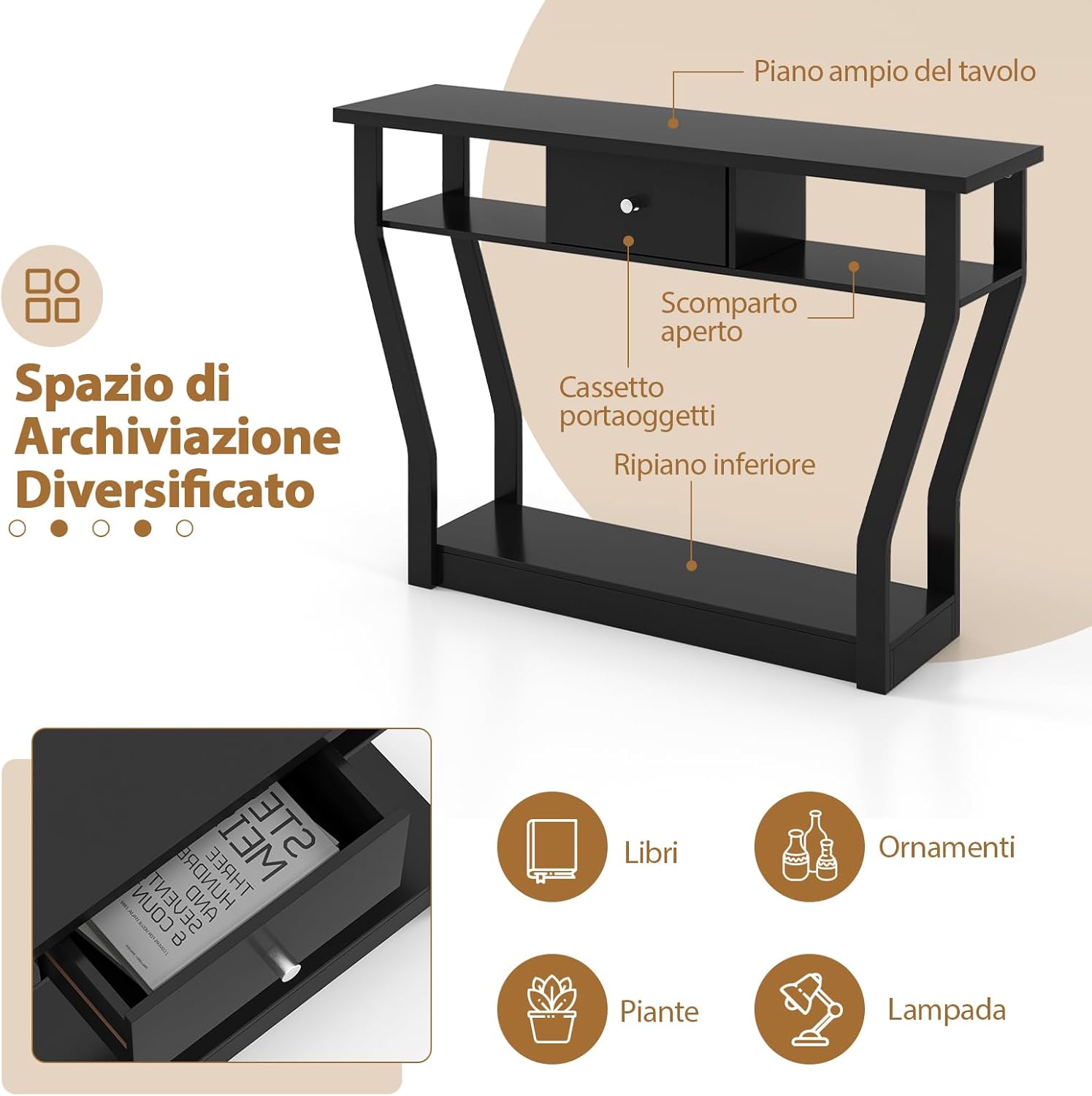 Tavolo Consolle in Legno, Consolle con Cassetto e Ripiani, Tavolo d'Ingresso Multiuso per Salotto, Corridoio e Entrata 120 x 30 x 81 cm (Nero)