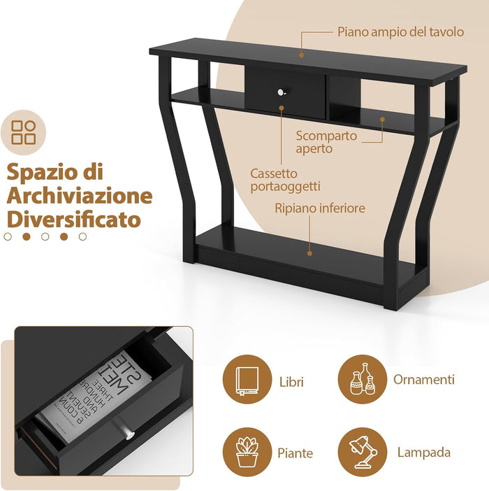 Tavolo Consolle in Legno, Consolle con Cassetto e Ripiani, Tavolo d'Ingresso Multiuso per Salotto, Corridoio e Entrata 120 x 30 x 81 cm (Nero)