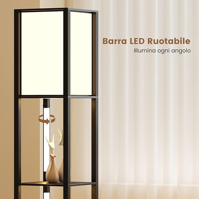 Lampada da Terra Moderna con Scaffali, Lampada a Mensola in Legno con 3 Strisce LED, Paralume, Luminosità Regolabile e Interruttore a Pedale, Scaffale Autoportante con Luce