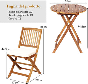 Set Tavolo e Sedie da Giardino, Set Mobili da Giardino Pieghevoli 3 Pezzi in Legno di Acacia, con Cuscini, Arredo Giardino per Giardino Terrazzo Balcone (Cuscini Beige)
