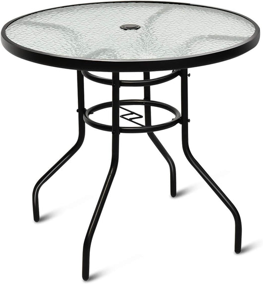 Tavolino da Giardino Rotondo con Foro per Ombrellone, Tavolino da Esterno in Metallo e Vetro, per Cortile Giardino Balcone, 81x81x71cm (Rotondo)