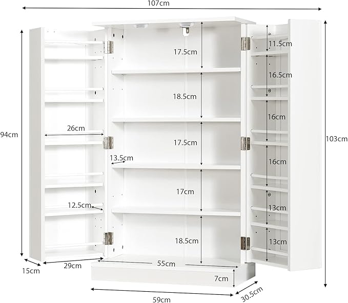 Armadietto Dispensa Alto 104 cm, Mobiletto da Cucina con Ante e Ripiani Regolabili, Credenza Autoportante per Sala da Pranzo, Soggiorno, Camere da Letto, 59 x 30 x 104 cm (Bianco)