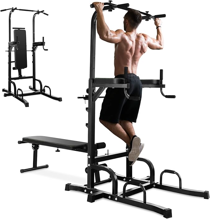 Power Tower Multifunzionale e Regolabile, Sbarra per Trazioni con Panca Pieghevole Regolabile in Altezza, Attrezzatura Fitness per Allenamento Completo del Corpo, Portata 250 kg