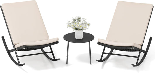 Set di Bistro 3 Pezzi, Sedie a Dondolo da Esterno in Rattan con Tavolino da Caffè, Set di Mobili da Conversazione per Veranda con Cuscini in Cotone per Giardino, Balcone, Bordo Piscina