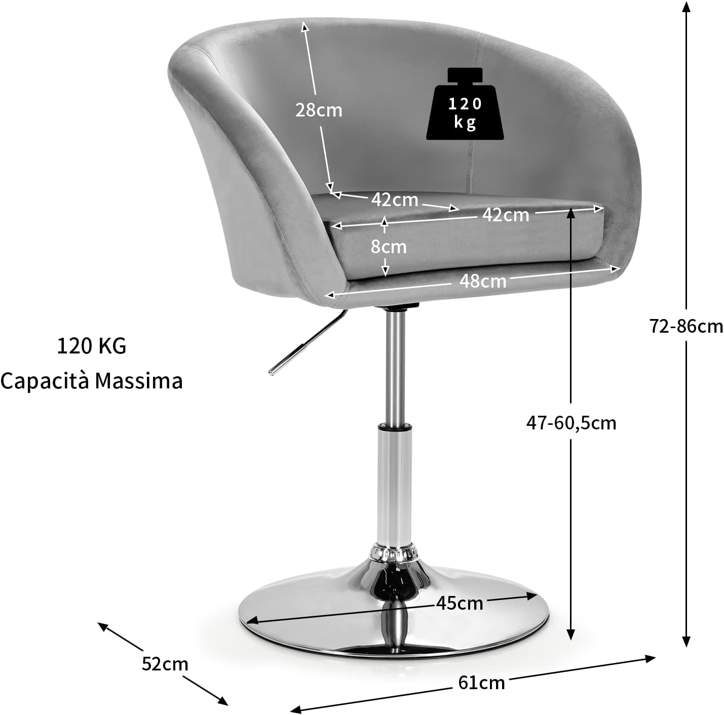 Sgabelli da Bar Girevole in Velluto, Sgabelli Cucina Moderni Design Alte con Schienale, Sedia Rotondo Regolabile in Altezza, con Braccioli, per Cucina Ufficio Bar (Grigio)