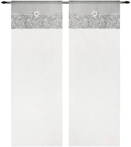 Tende Coppia Finestra Porta Interno 60x150 cm Tessuto Shabby Chic Margherita Grigio