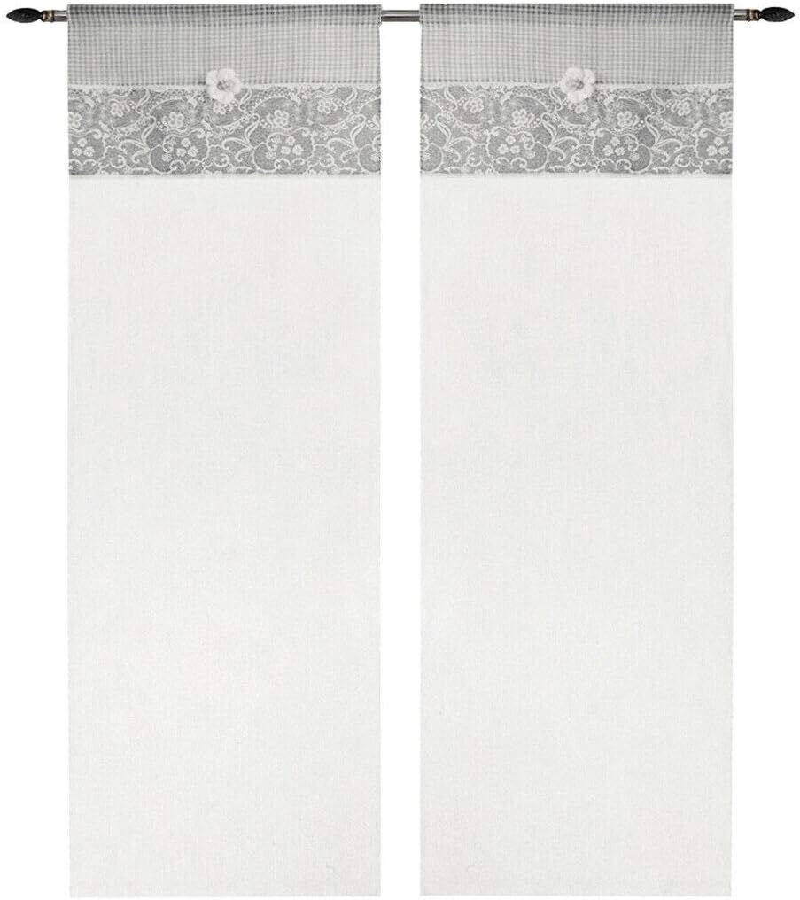 Tende Coppia Finestra Porta Interno 60x150 cm Tessuto Shabby Chic Margherita Grigio
