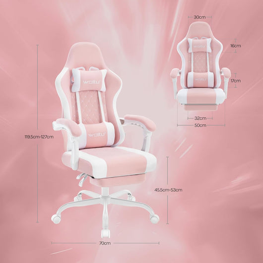 Sedia Gaming con Massaggio, Poltrona Ufficio Ergonomica, Ampia Sedia Girevole Imbottita per Computer con Cuscino Lombare Massaggiante, Carico 150 Kg, Tessuto a rete Rosa+Bianco