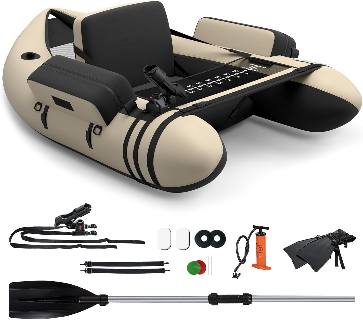 Belly Boat da Pesca Portatile, Gommone Gonfiabile da Pesca con Porta Canne Regolabile, Pompa, Pagaia in Alluminio, Spallacci e Kit di Riparazione, Barca da Mare con 2 Pinne, capacità 160kg