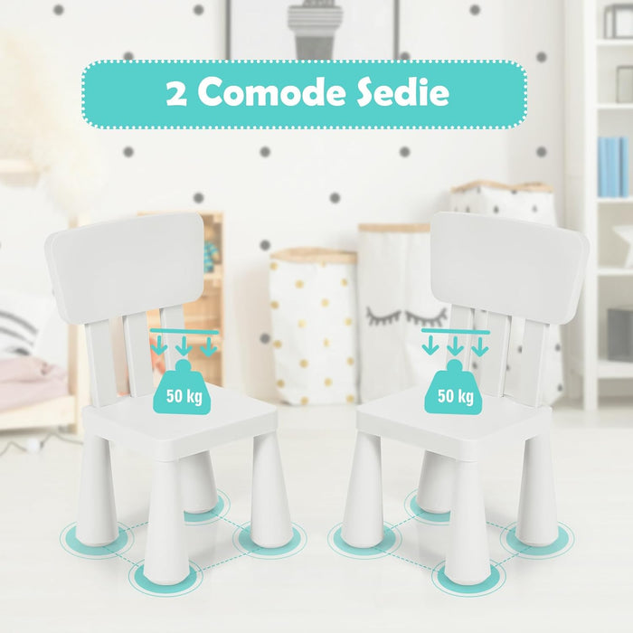Set Tavolo e Sedie per Bambini 1-7 Anni, 2 Sedie Ergonomiche con Schienale, Materiale PP Atossico e Inodore, Angoli Arrotondati, Adatto per Giocare, Disegnare e Leggere, Portata 50kg (Bianco)