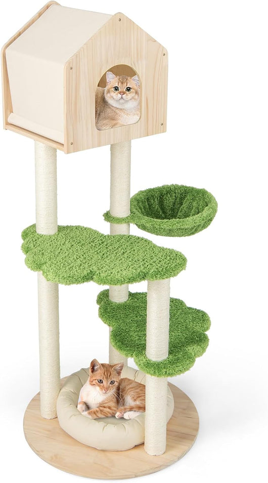 Albero Tiragraffi per Gatti 139 cm, Torre Multi-livello in Legno con Tiragraffi in Sisal, Piattaforme di Salto, Trespolo e Amaca, Centro di Attività per Gatti, Verde