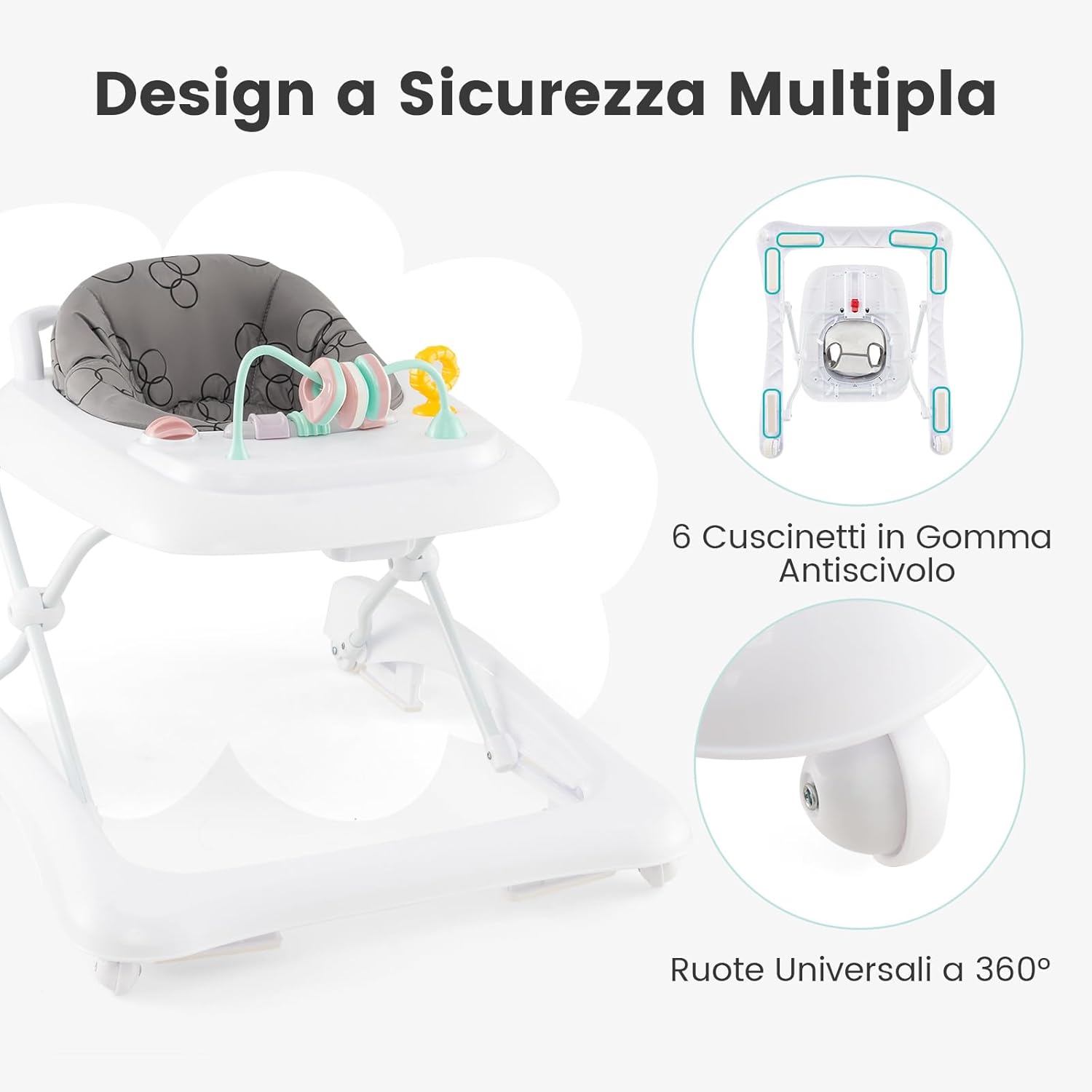 3 in 1 Girello per Bambini, Girello Pieghevole per Bambini, con 3 Altezze Regolabili, Sedile Imbottito e Piatto Giocattolo Rimovibile, Girello a Spinta con Ruote, per Bambini 6+ Mesi (Grigio)