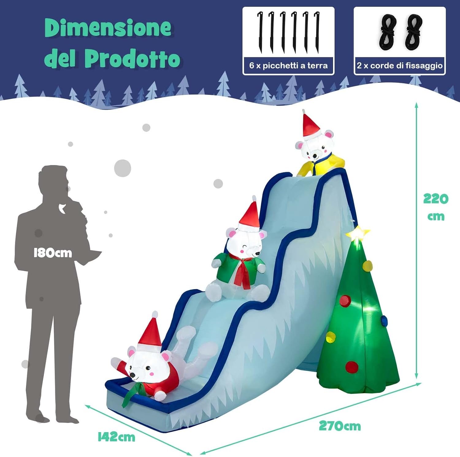 Decorazione Gonfiabile di Natale 200 cm, con Luci LED, Soffiatore e Picchetti di Terra, Facile da Installare, Gonfiabile dell’Orso Polare per Prato, Casa, Festa