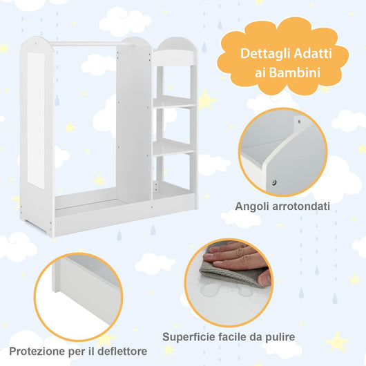 Guardaroba per Bambini in Legno, Mobile per Bambini con Specchio, Appendiabiti e Mensole, Armadio di Stoccaggio per Cameratta dei Bambini, 93,5 x 38 x 100 cm (Bianco)